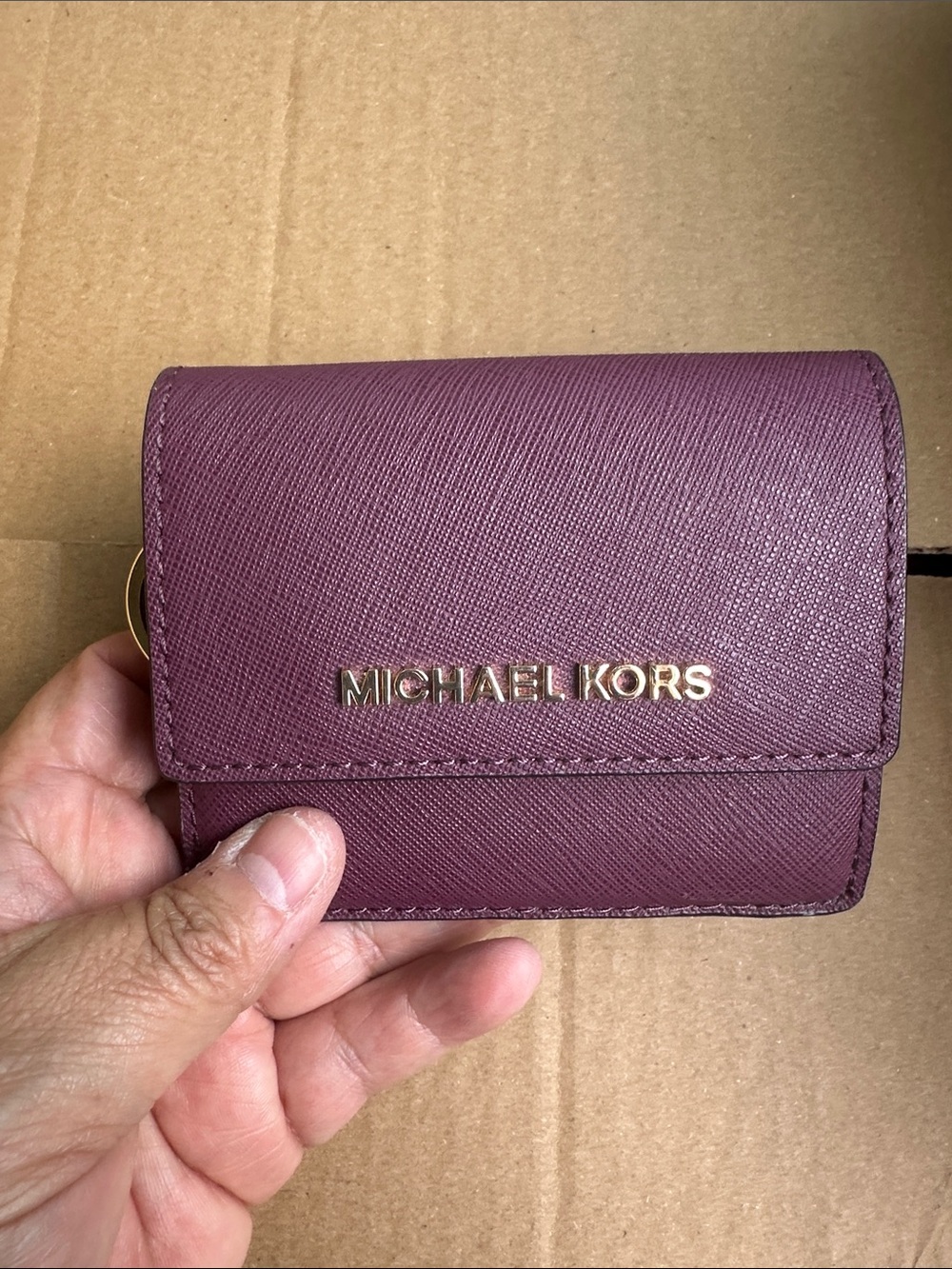 EUC Michael Kors Plum Saffiano Leather Compact Card Wallet with Gold Logo